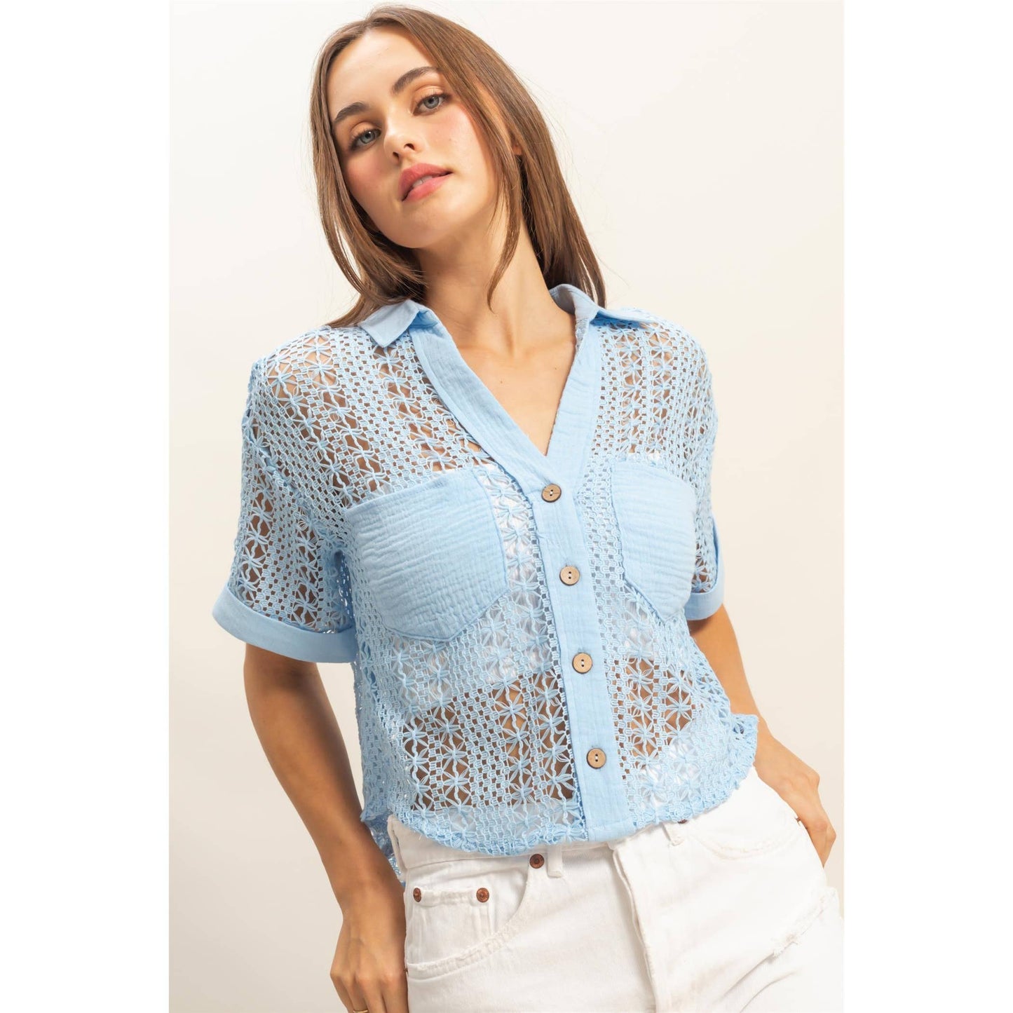 Short Sleeve Crochet Fabric Shirt