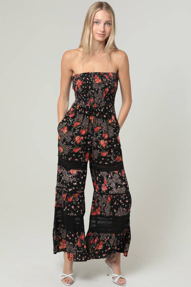 FLORAL PRINT LACE DETAILS WIDE LEG JUMPSUIT