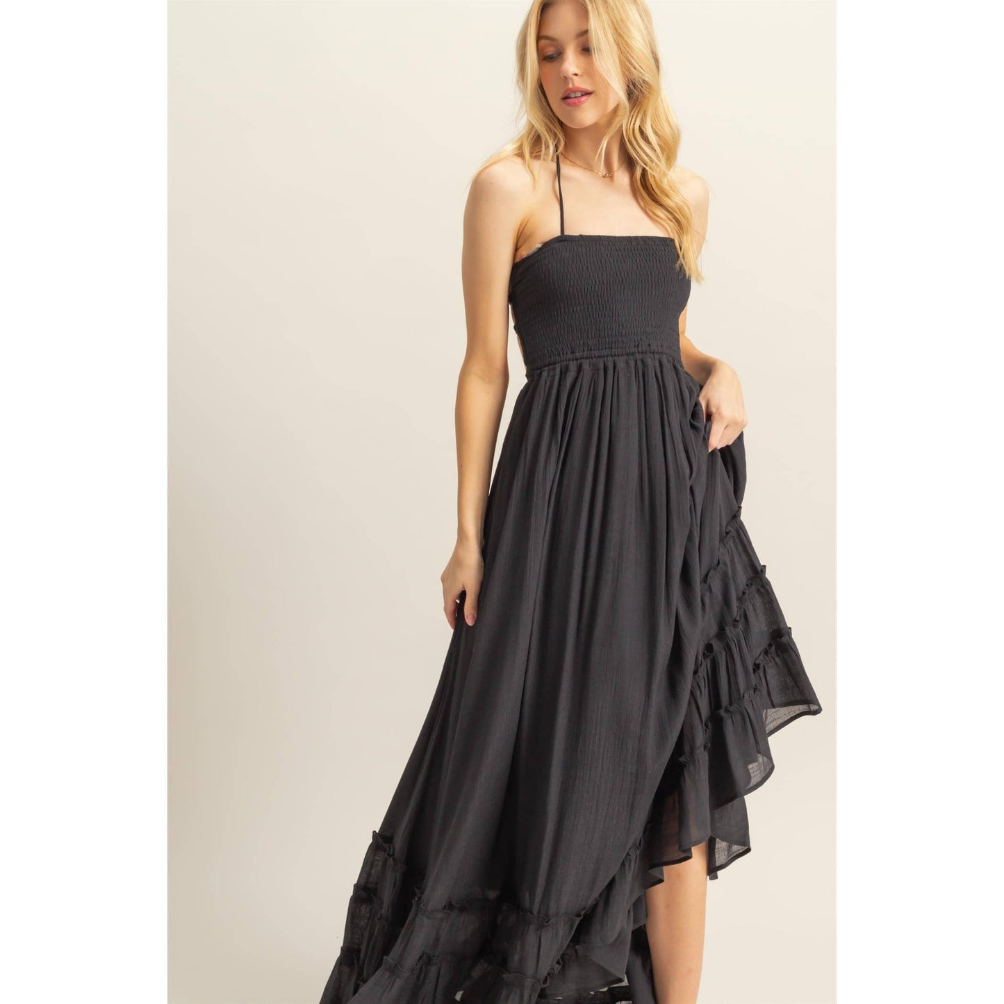 Halter Neck Smocked Bodice Tiered Hem Maxi Dress