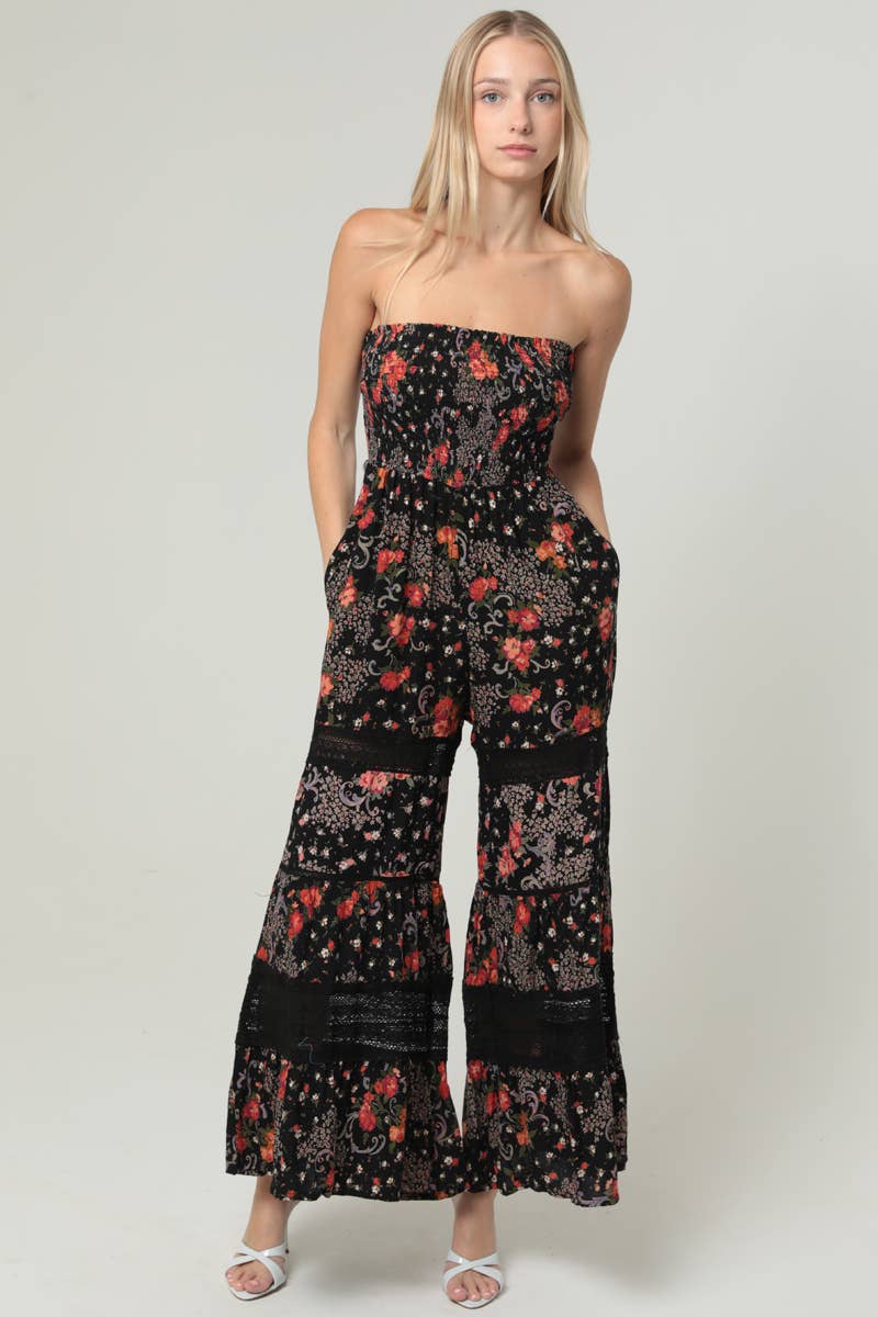 FLORAL PRINT LACE DETAILS WIDE LEG JUMPSUIT