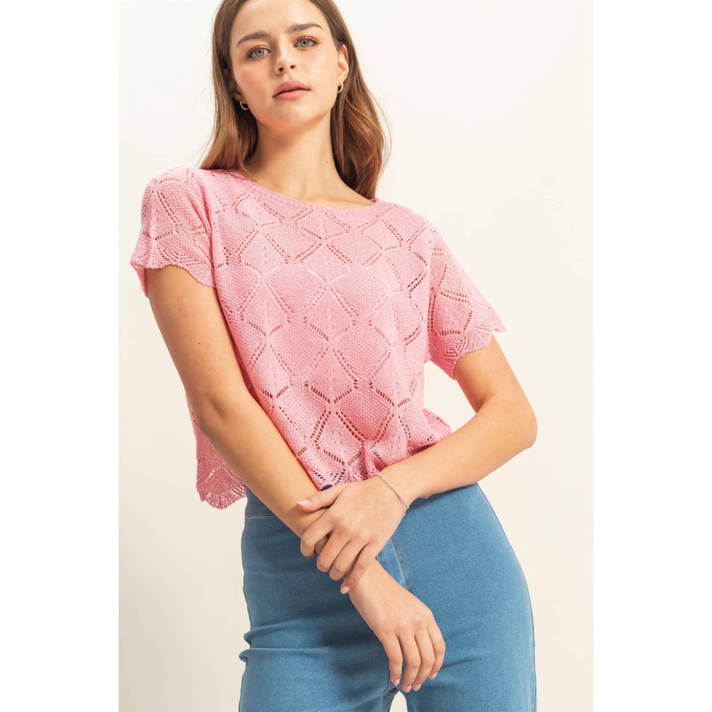 Short Sleeve Open Stitch Crochet Top
