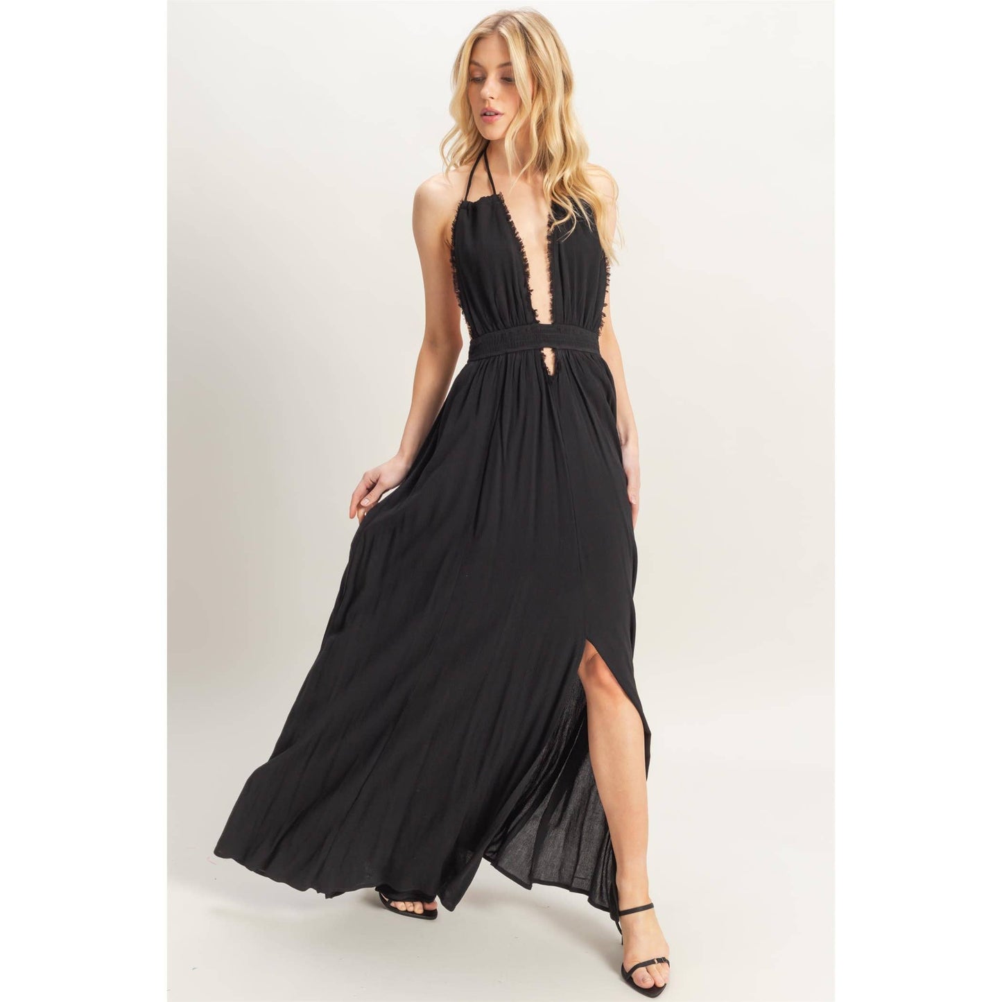 Halterneck Fitted Waist Flowy Maxi Dress