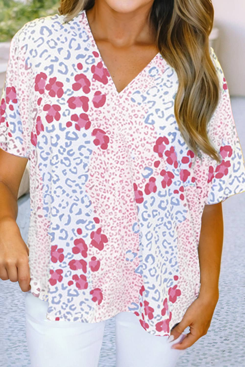 Mixed Leopard Print V Neck Short Sleeve Blouse