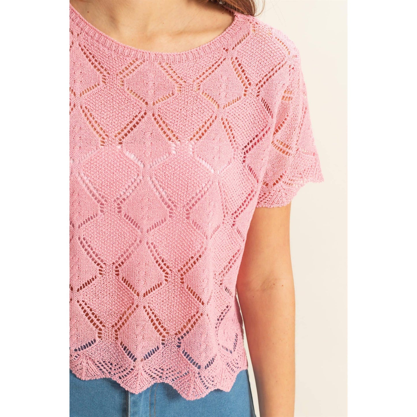 Short Sleeve Open Stitch Crochet Top