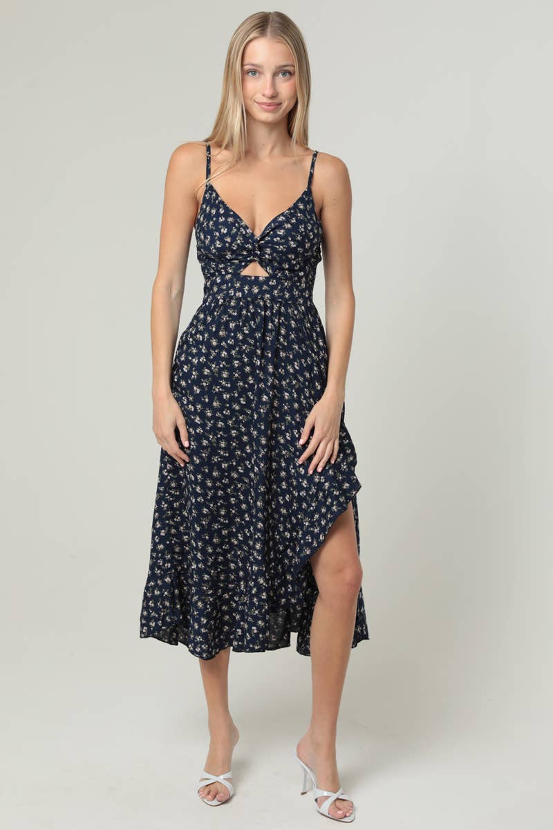 V NECK TWIST FRONT CUT OUT SIDE SLIT RUFFLE MIDI V NECK TWIST FRONT CUT OUT SIDE SLIT RUFFLE MIDI