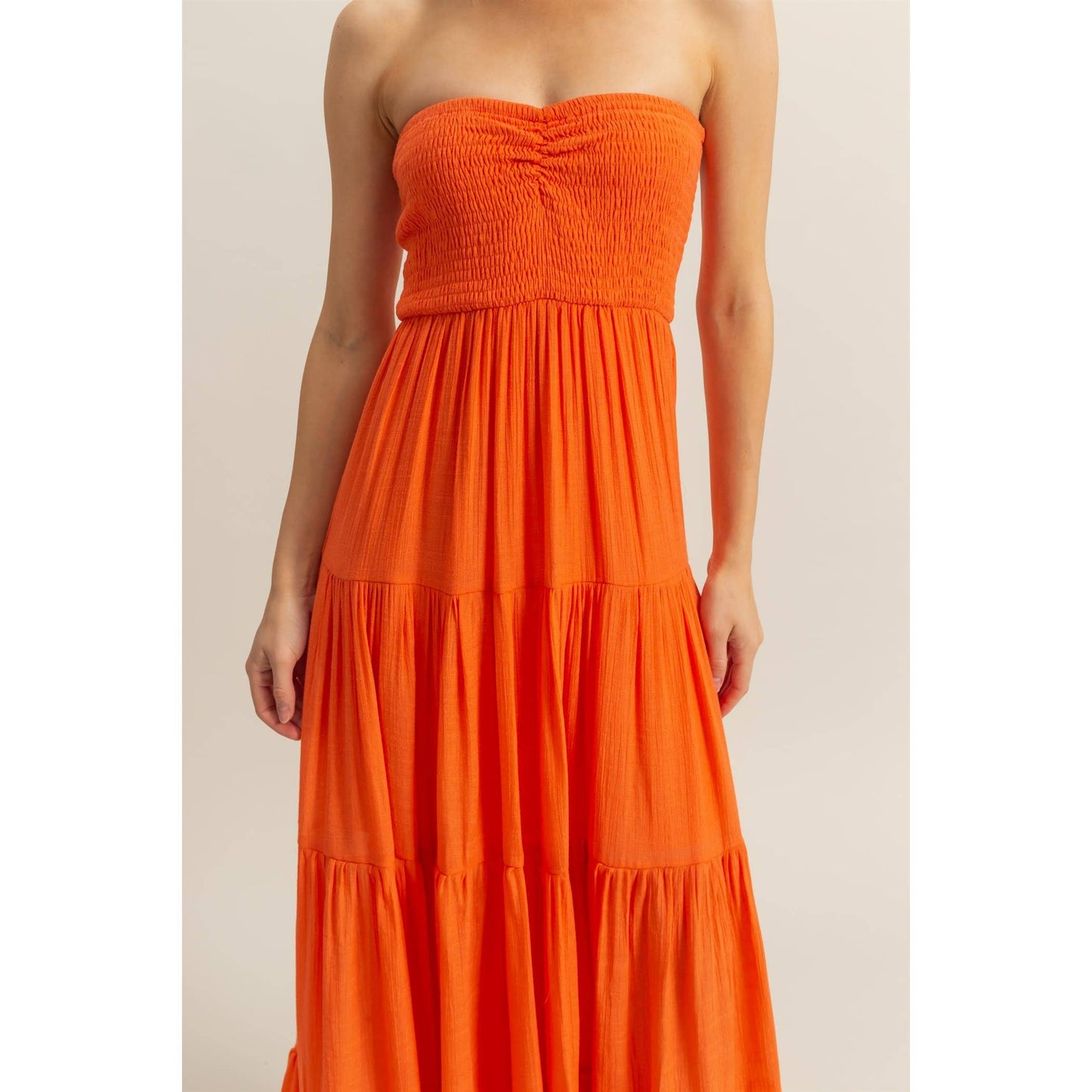 Strapless Ruched Bust Tiered Maxi Dress