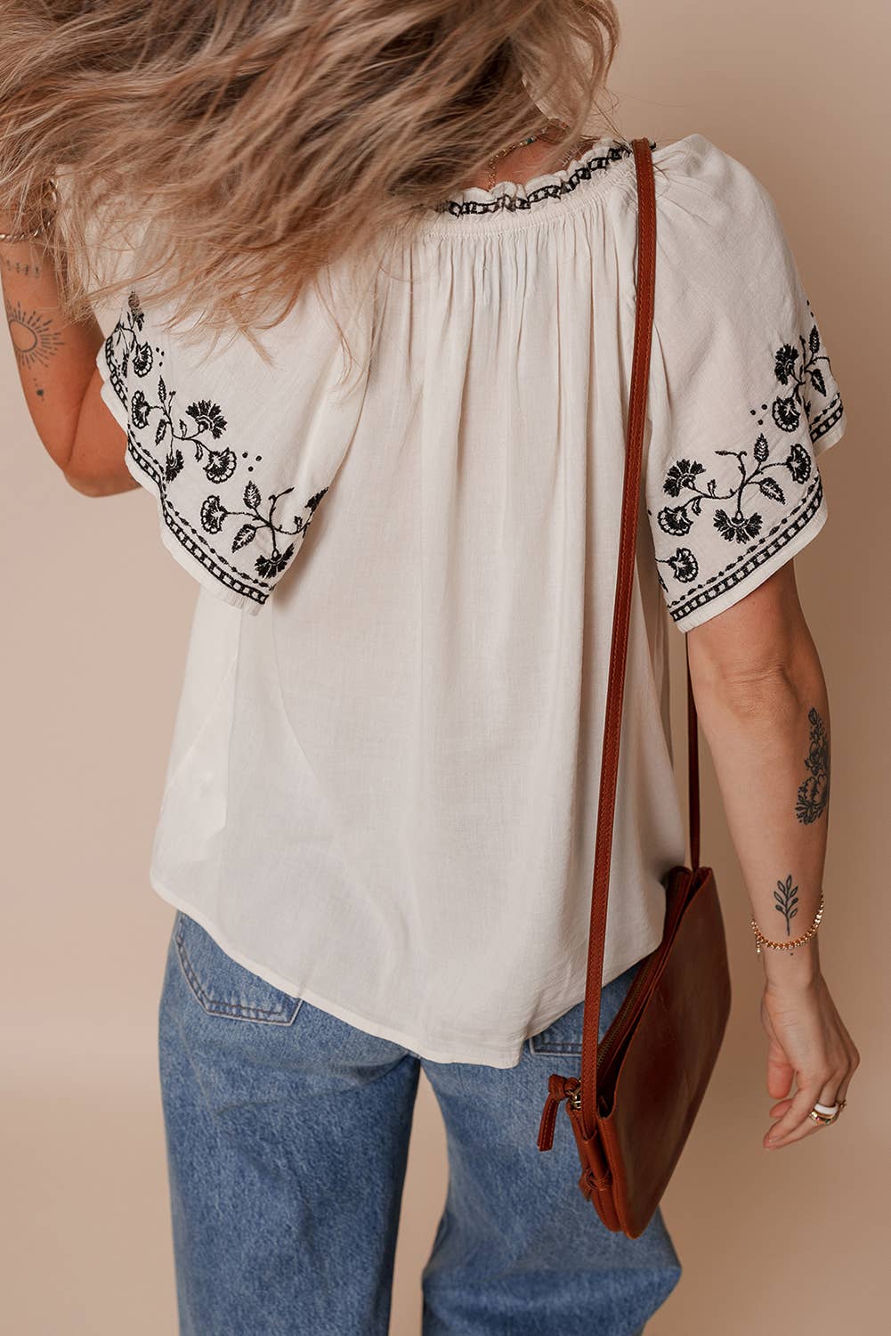 Floral Embroidered Short Sleeve V Neck Blouse