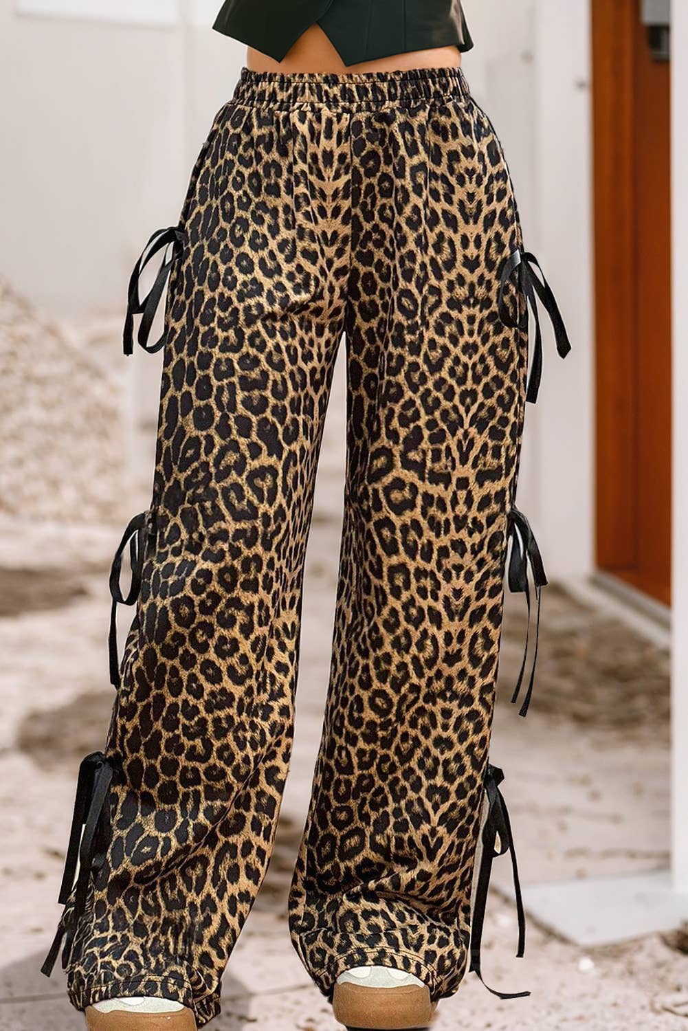Leopard Print Bow Tie Drawstring Elastic High Waist Pant