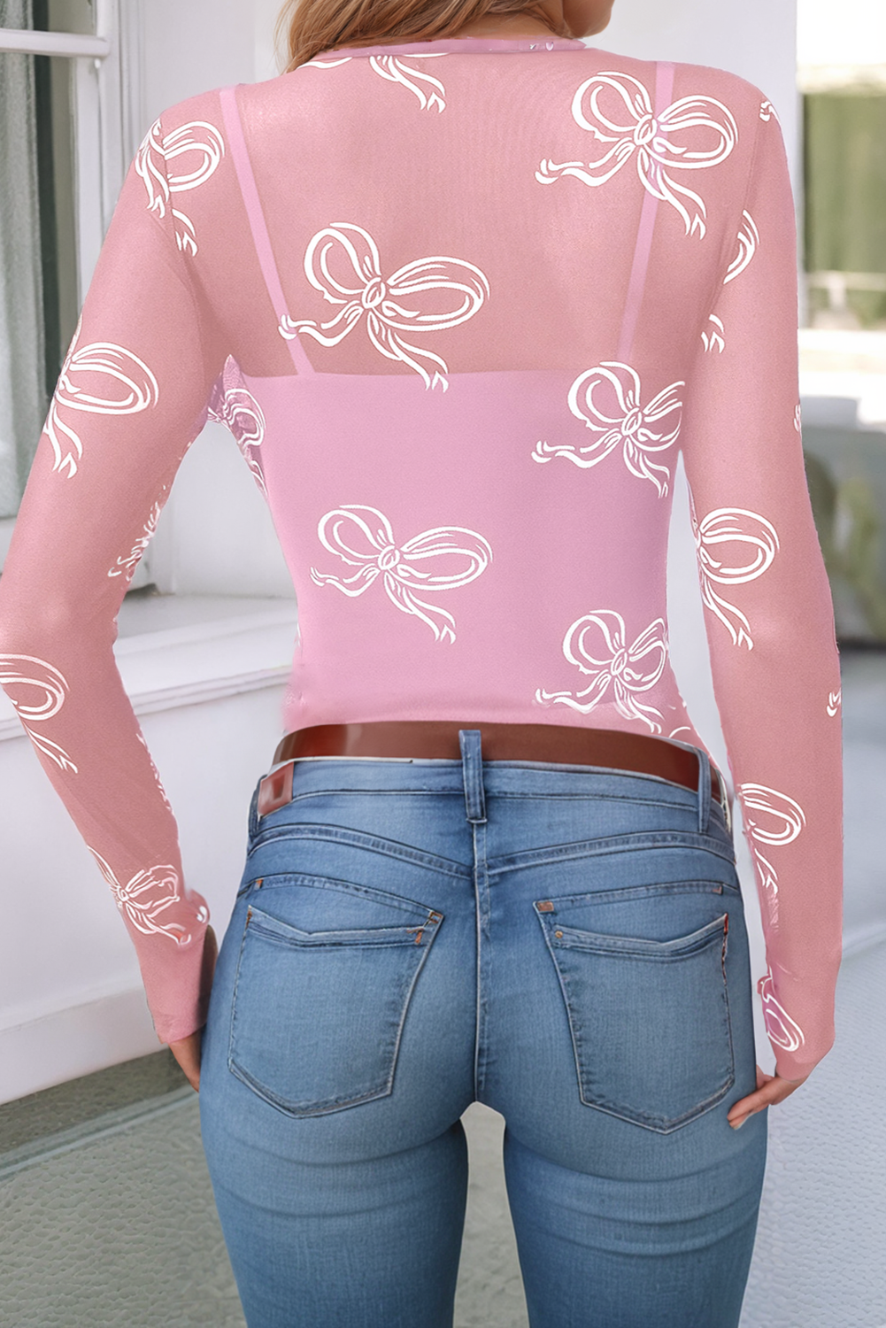 Round Neck Bow Print Long Sleeve Mesh Top