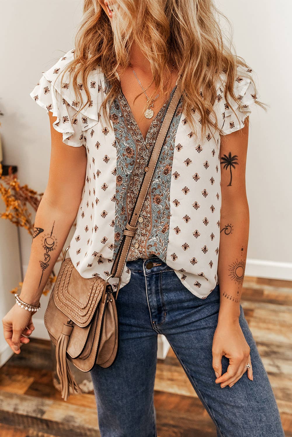 Boho Pattern Print Tiered Ruffled V Neck Blouse