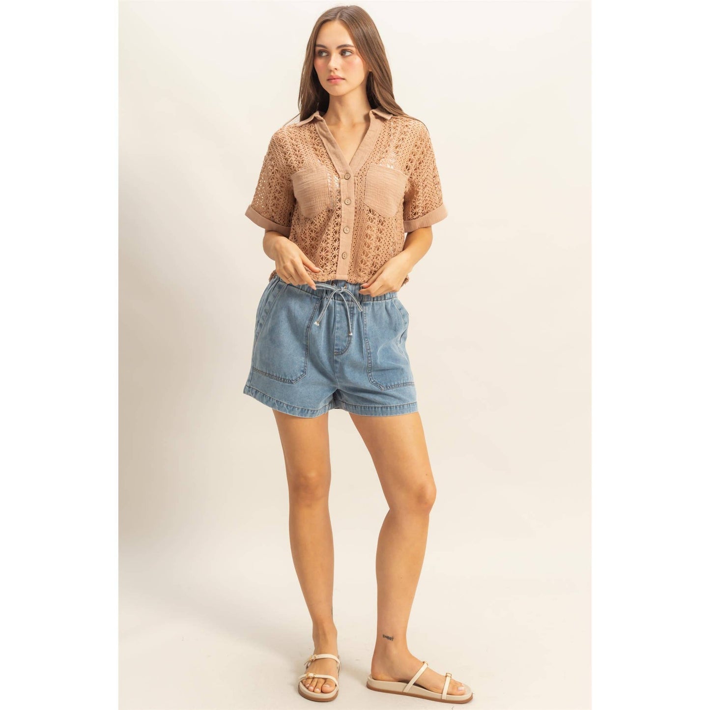 Short Sleeve Crochet Fabric Shirt