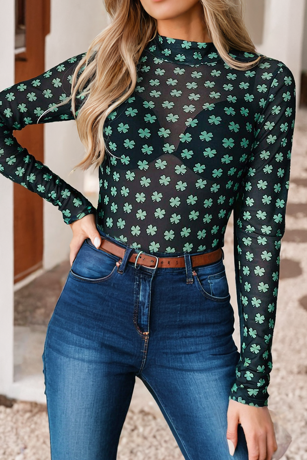 St Patrick Shamrock Printed Long Sleeve Mesh Bodysuit