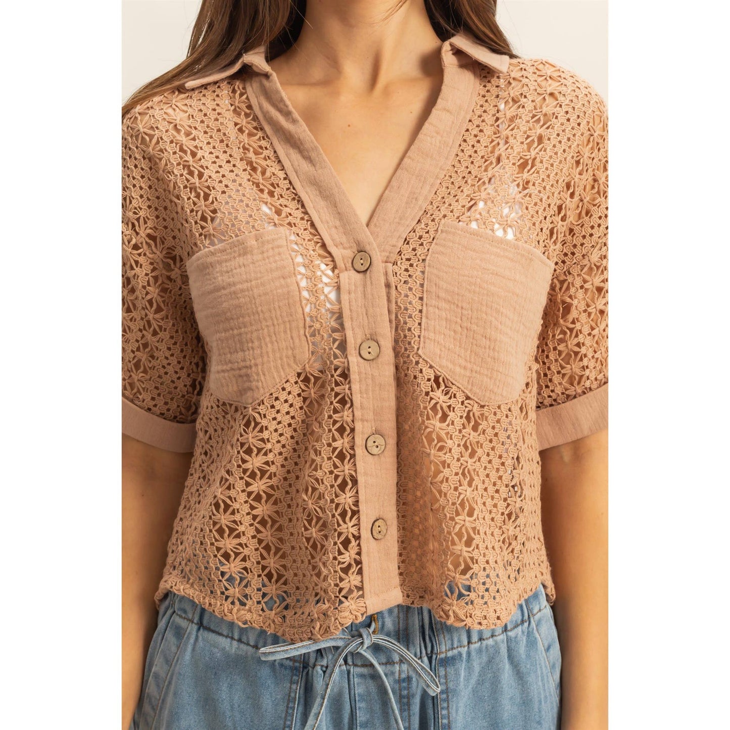 Short Sleeve Crochet Fabric Shirt