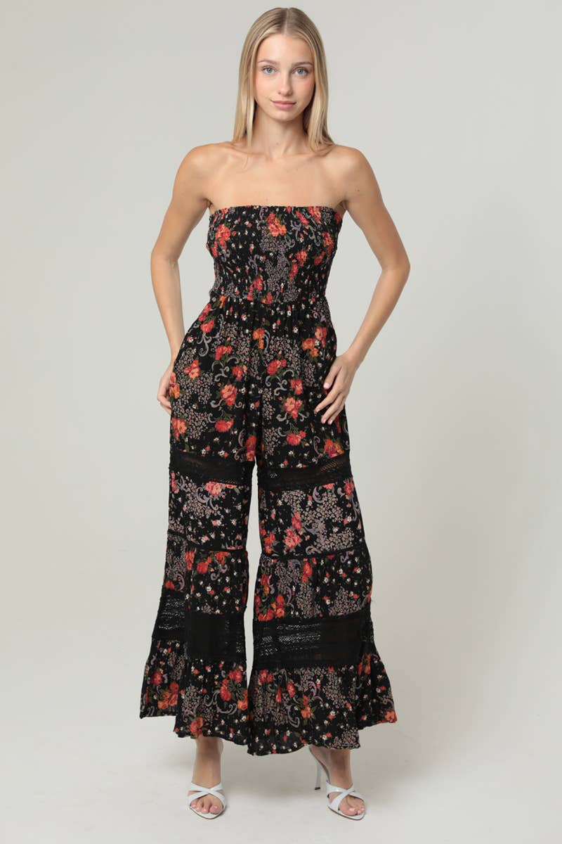 FLORAL PRINT LACE DETAILS WIDE LEG JUMPSUIT