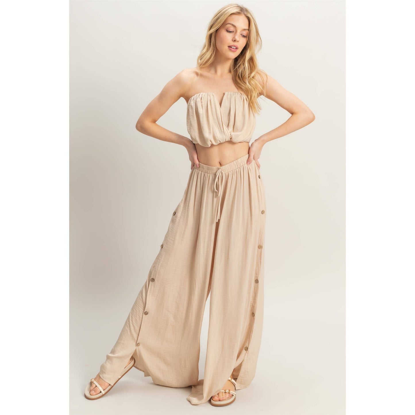Ruched Top And High Waist Pants Set