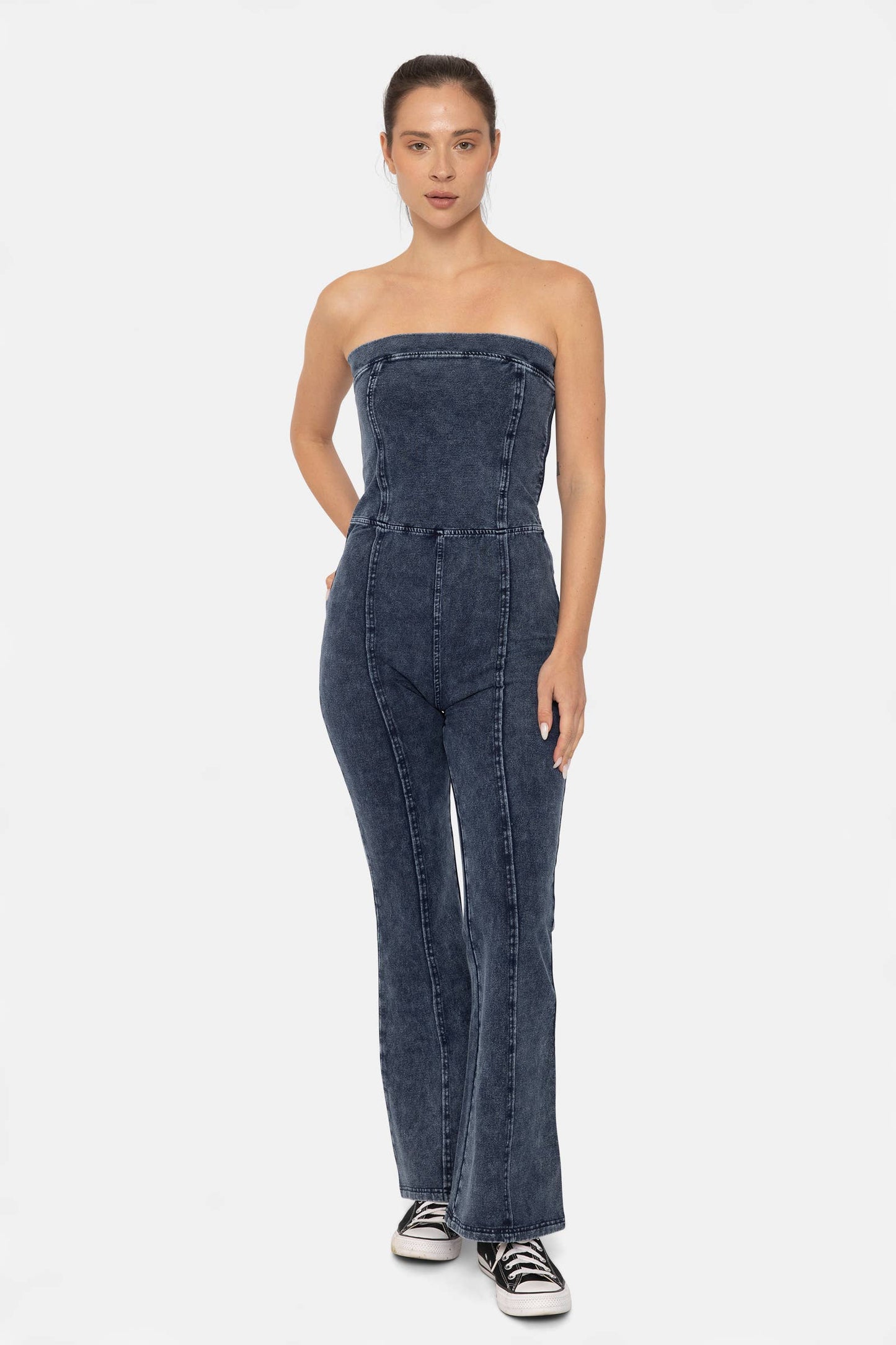 Cotton Blend Strapless Flared Jumpsuit