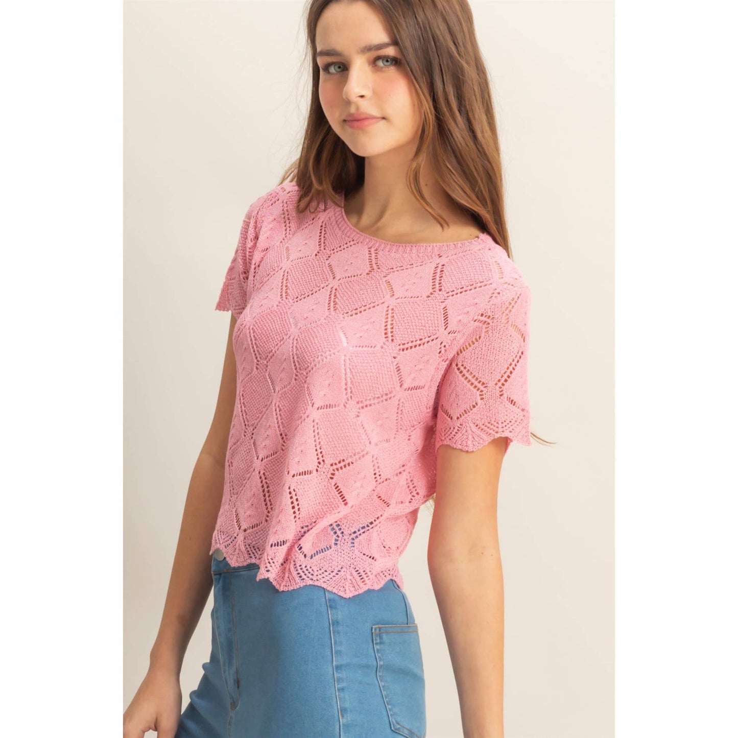 Short Sleeve Open Stitch Crochet Top