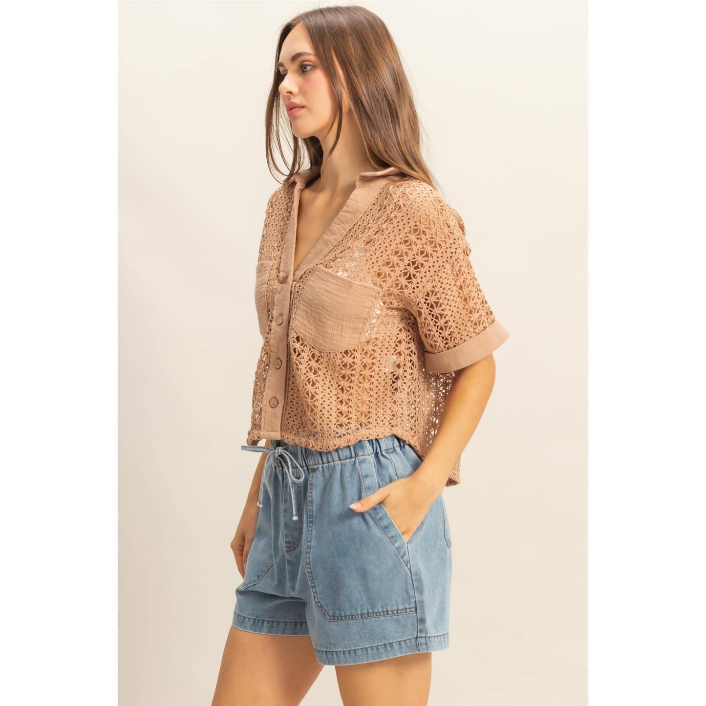 Short Sleeve Crochet Fabric Shirt