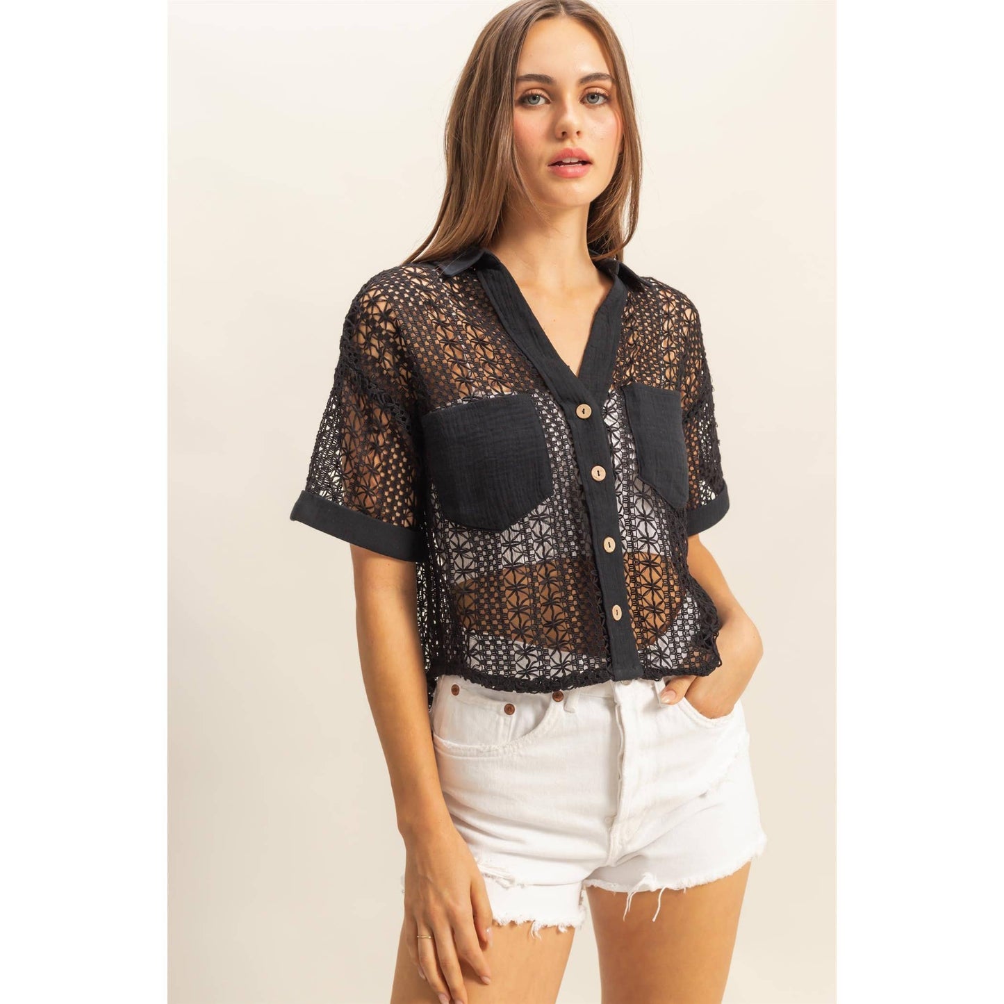 Short Sleeve Crochet Fabric Shirt