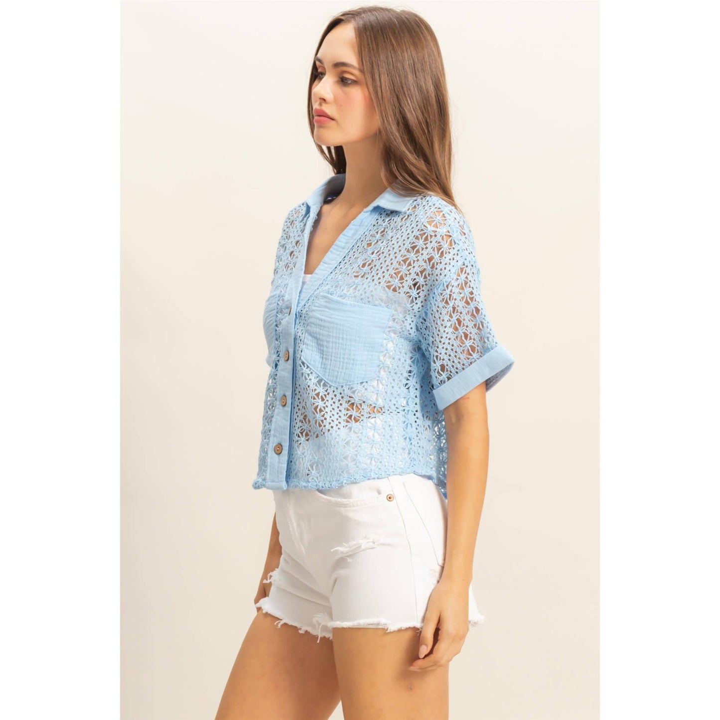 Short Sleeve Crochet Fabric Shirt