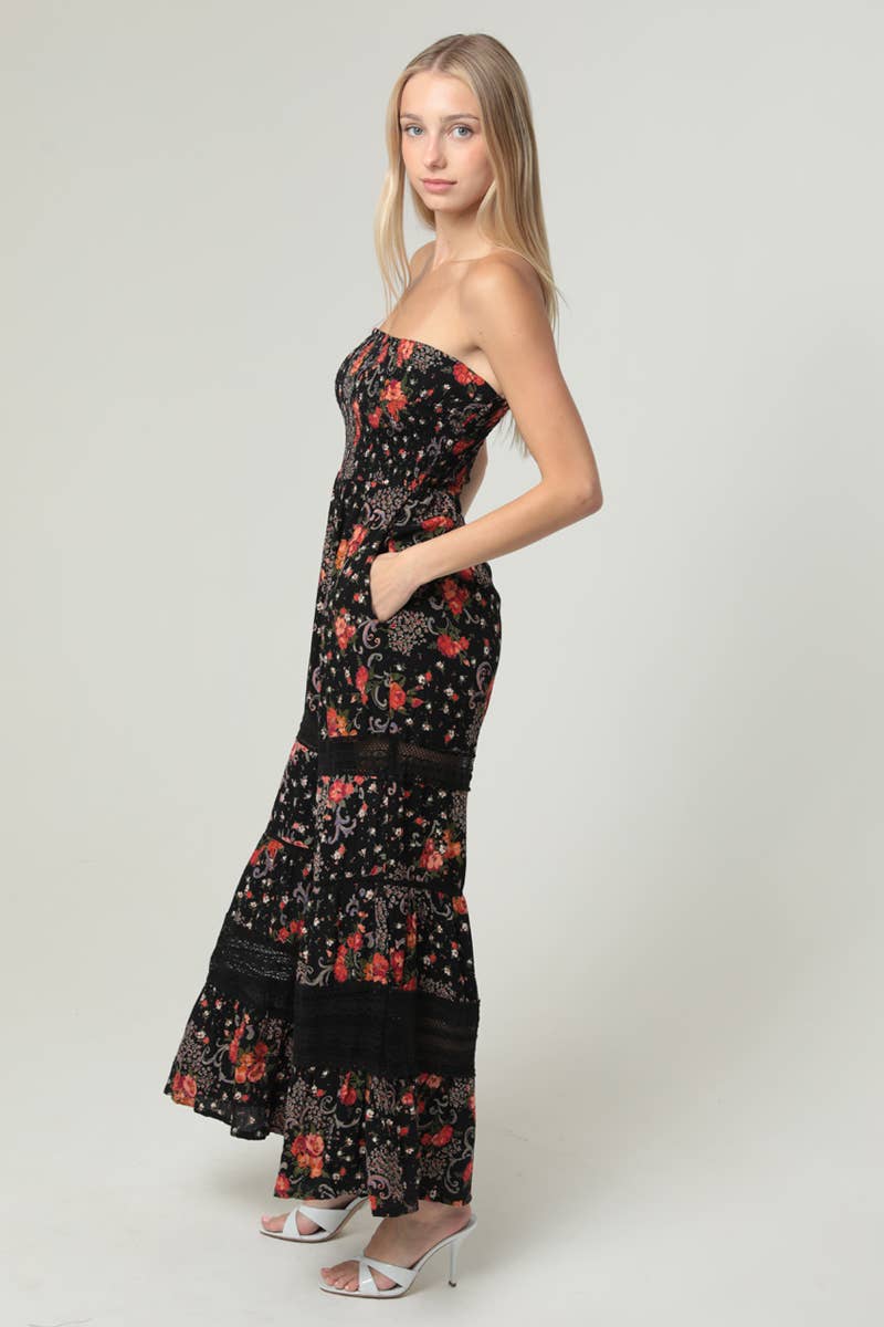 FLORAL PRINT LACE DETAILS WIDE LEG JUMPSUIT