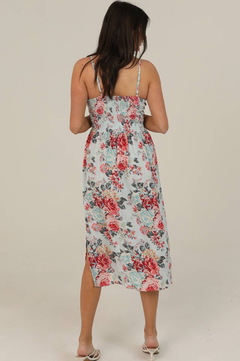 V NECK TWIST FRONT CUT OUT FLORAL PRINT MIDI DRES