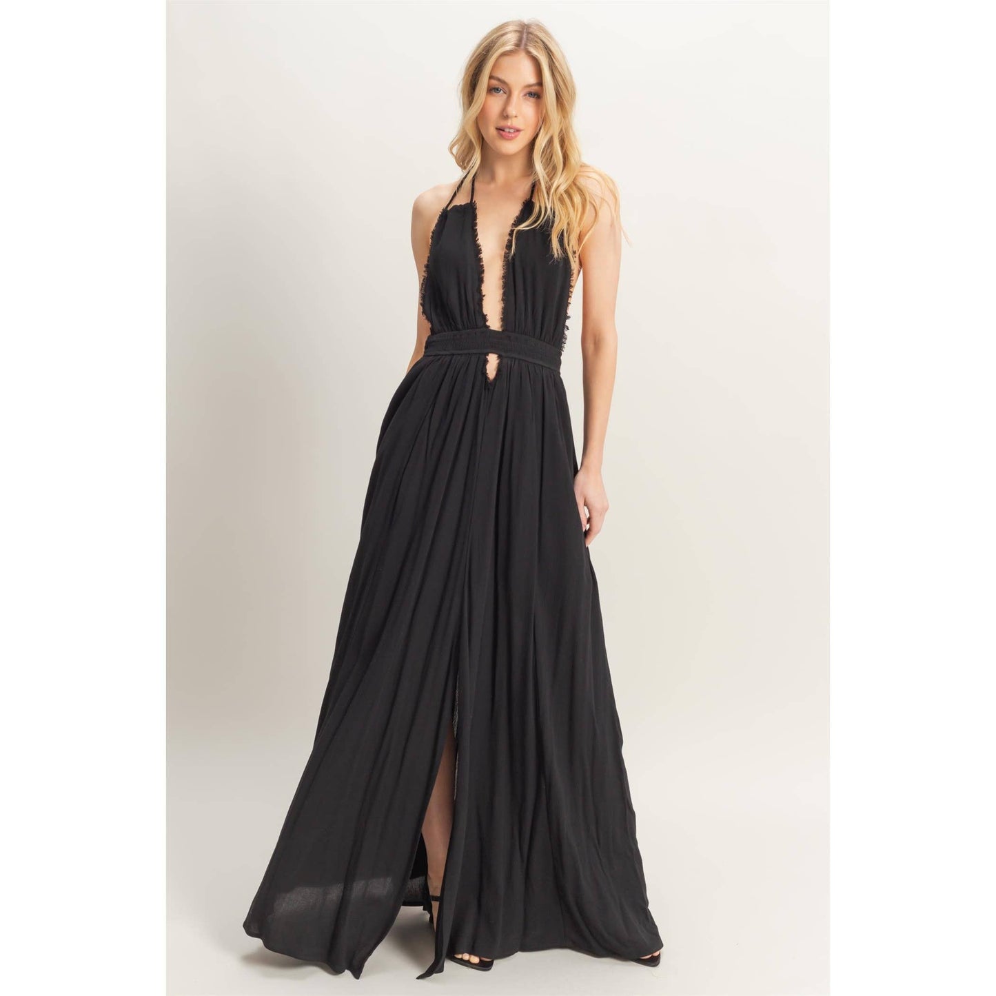 Halterneck Fitted Waist Flowy Maxi Dress