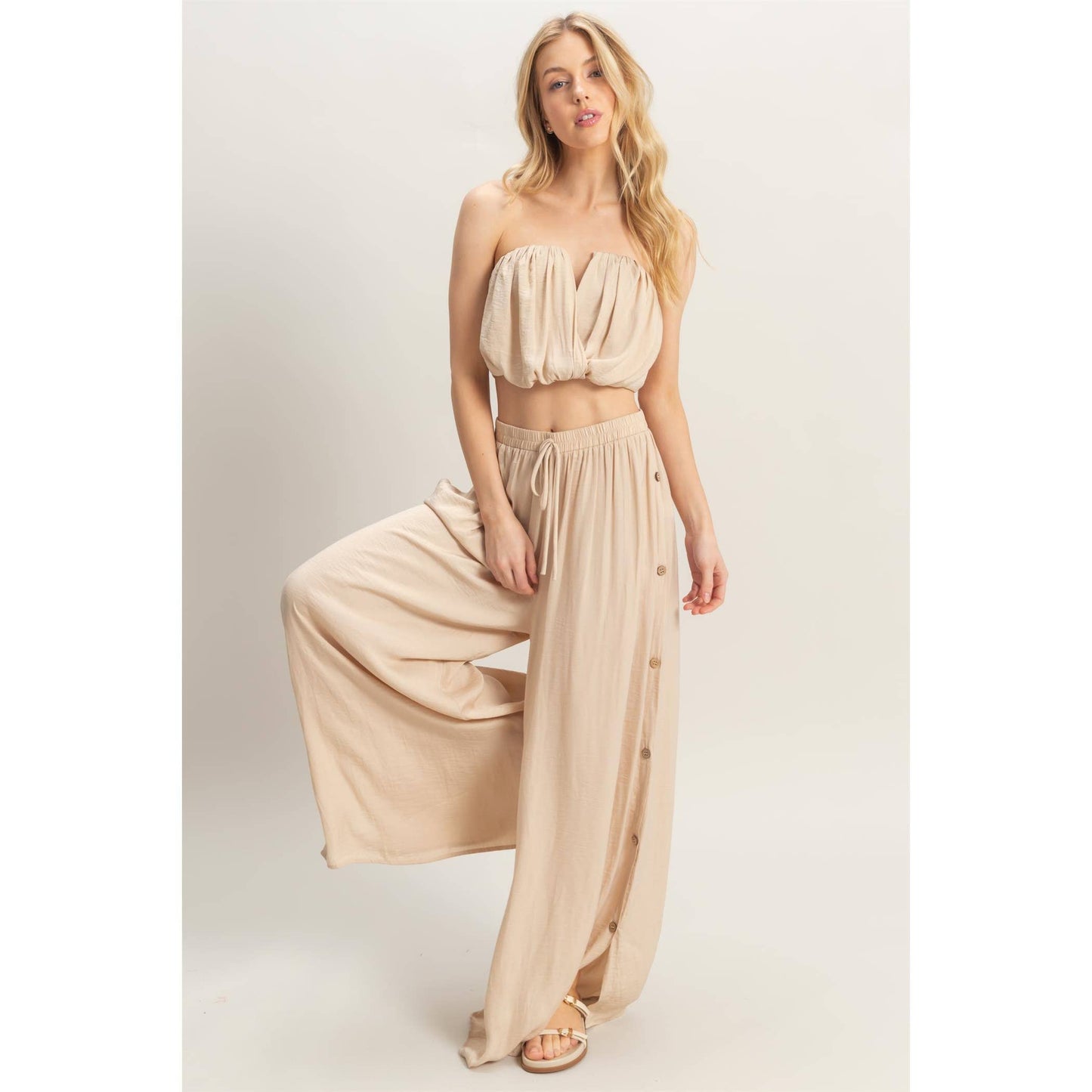 Ruched Top And High Waist Pants Set