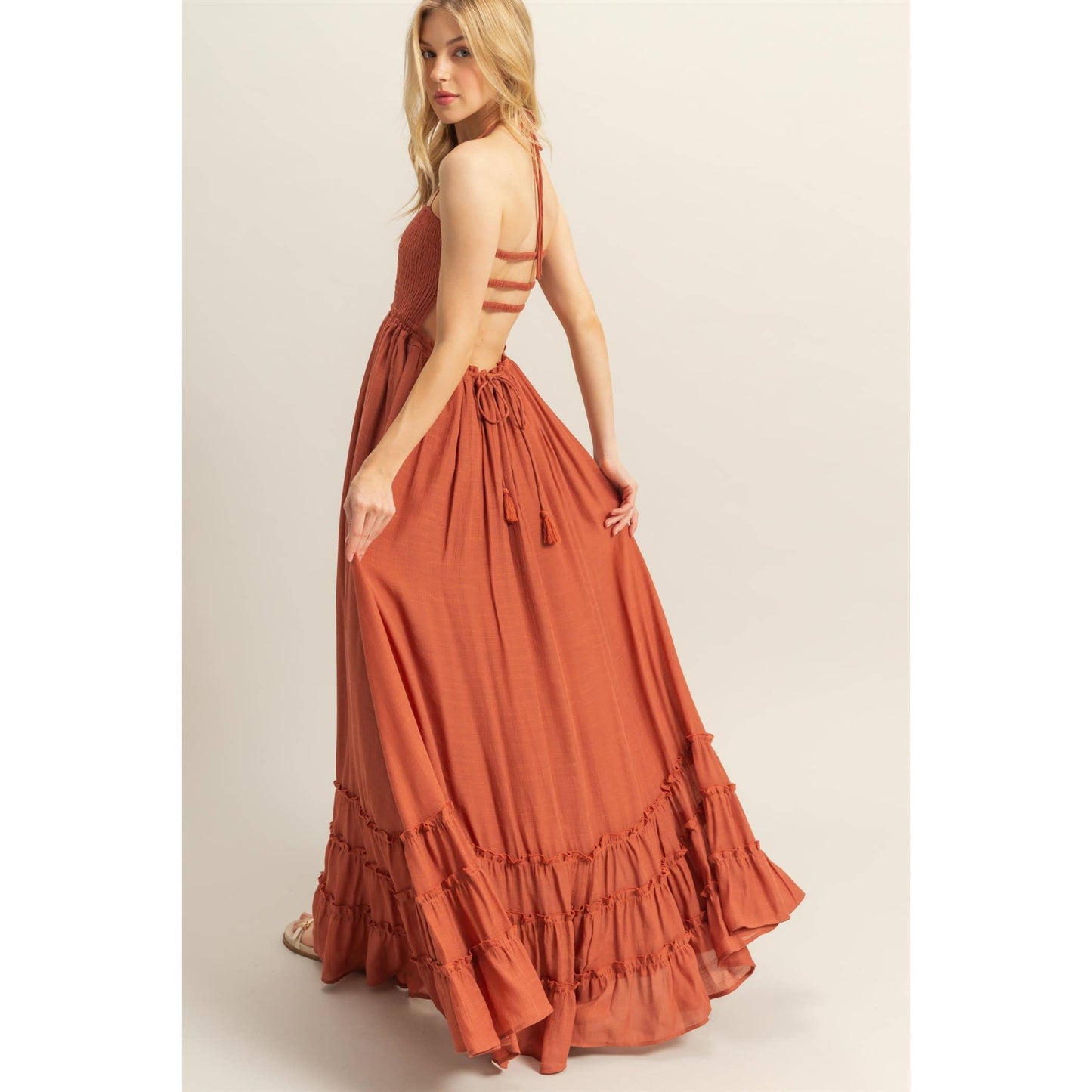 Halter Neck Smocked Bodice Tiered Hem Maxi Dress