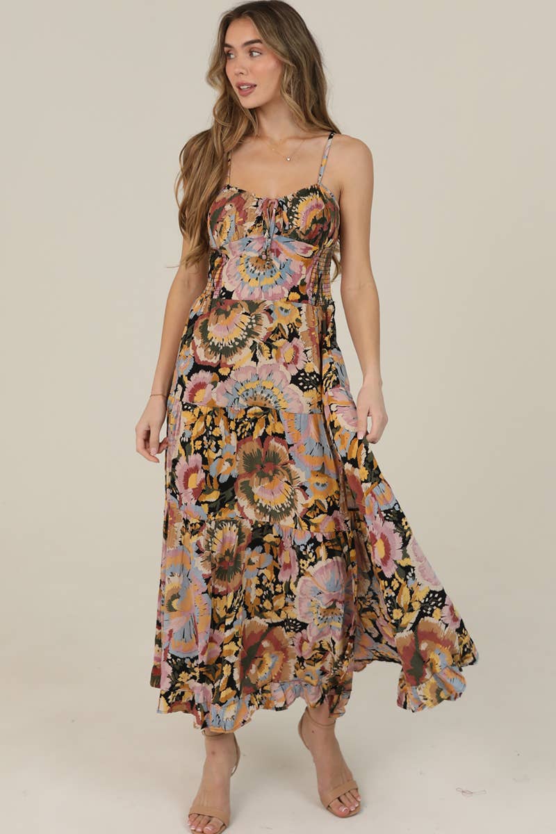 FLORAL PRINT TIE BUST MAXI DRESS WITH SIDE SLIT