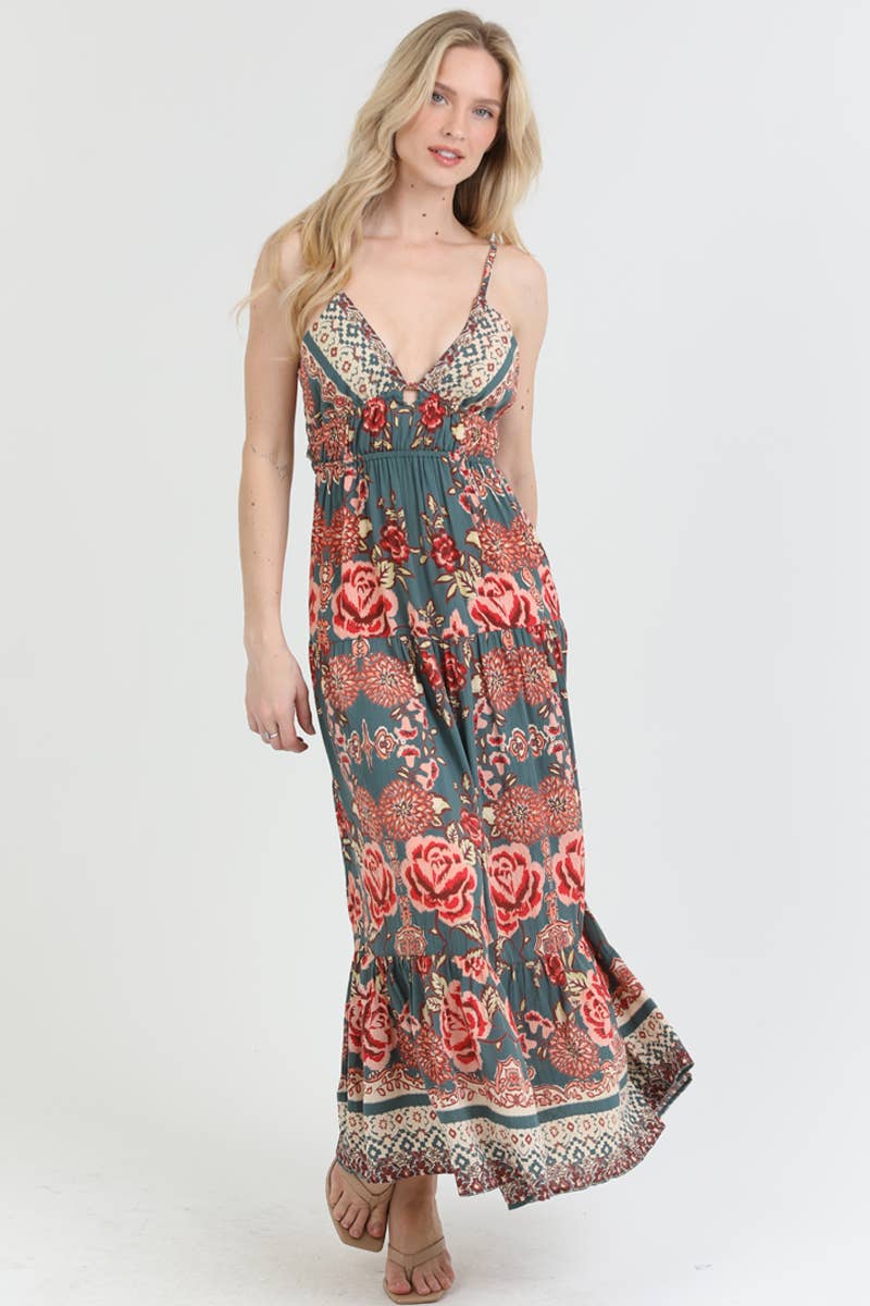 V NECK OPEN TIE BACK MAXI DRESS