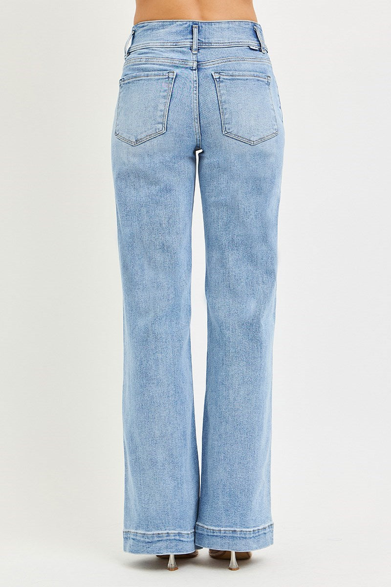 TUMMY CONTROL HIGH RISE WIDE LEG BOW WAISTBAND JEANS