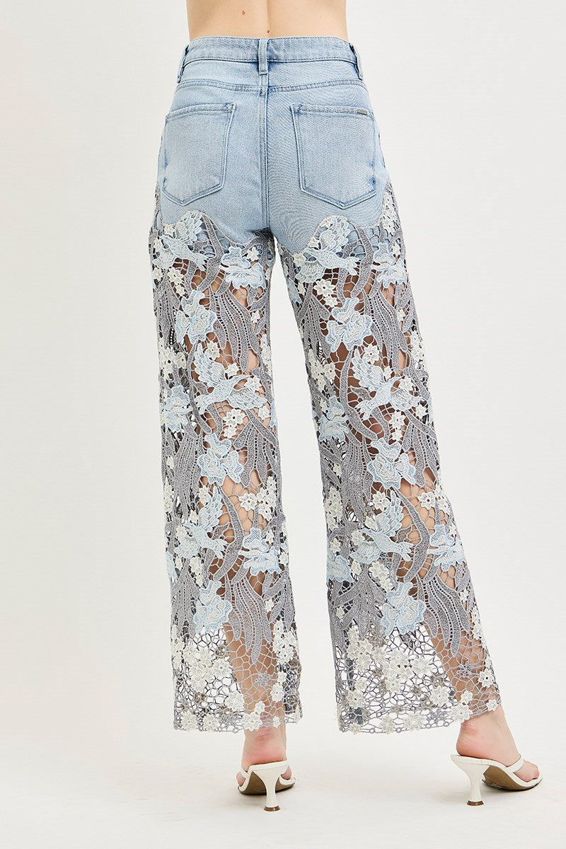 HIGH RISE WIDE LEG LACE UP LEG TRIM JEANS