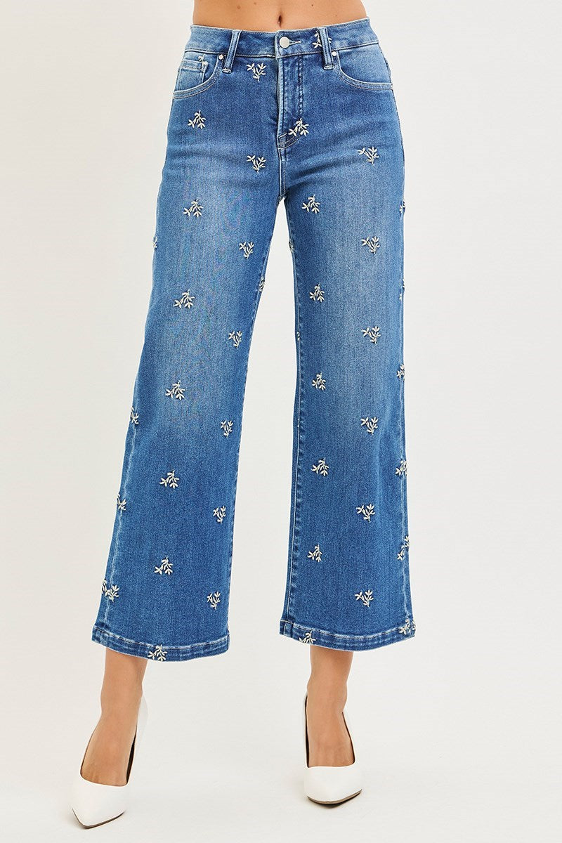 TUMMY CONTROL HIGH RISE CROP WIDE EMBROIDERED JEANS