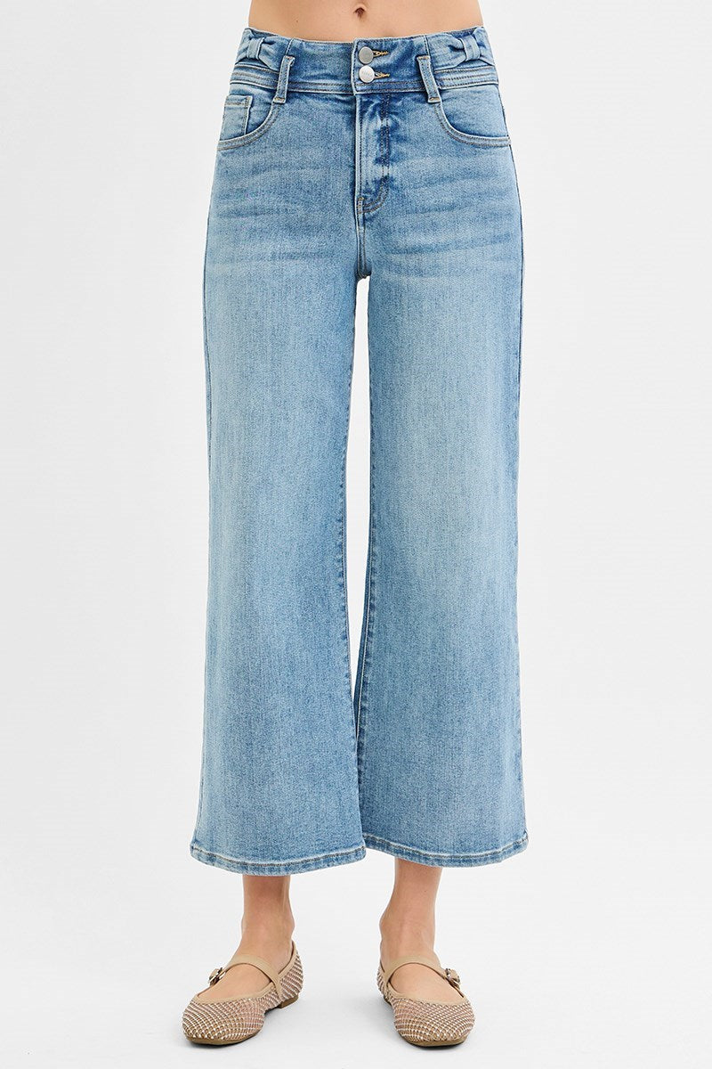 TUMMY CONTROL HIGH RISE CROP WIDE BOW DETAILED WAIST BAND JEANS