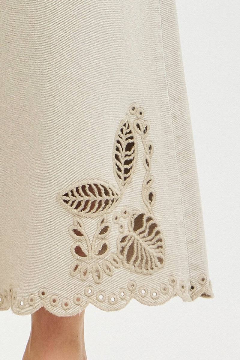 TUMMY CONTROL HIGH RISE CROP WIDE EYELET-EMBROIDERED HEM PANTS
