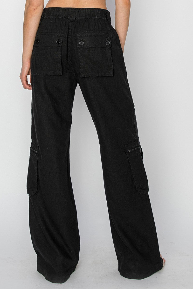 HIGH RISE STRAIGHT LINEN CARGO PANTS