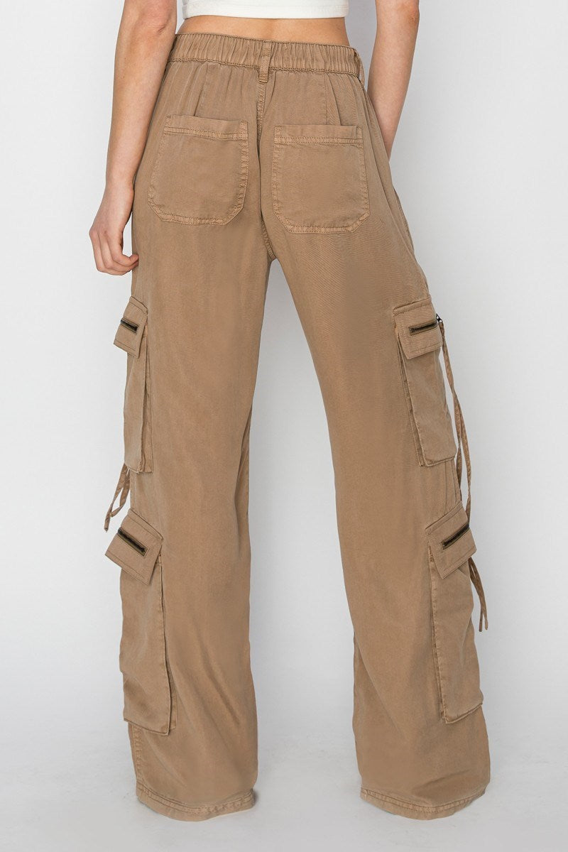 HIGH RISE TENCEL MULTI CARGO POCKET WIDE PANTS