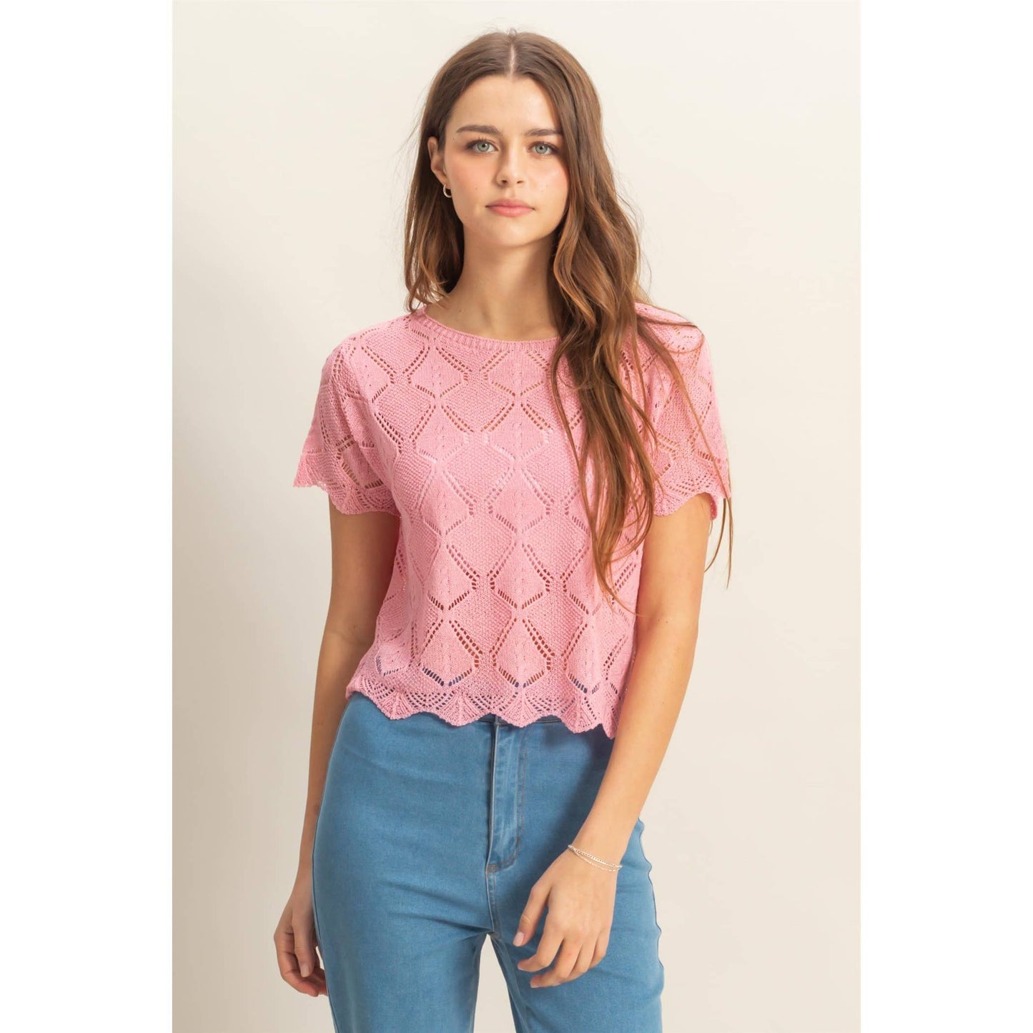 Short Sleeve Open Stitch Crochet Top