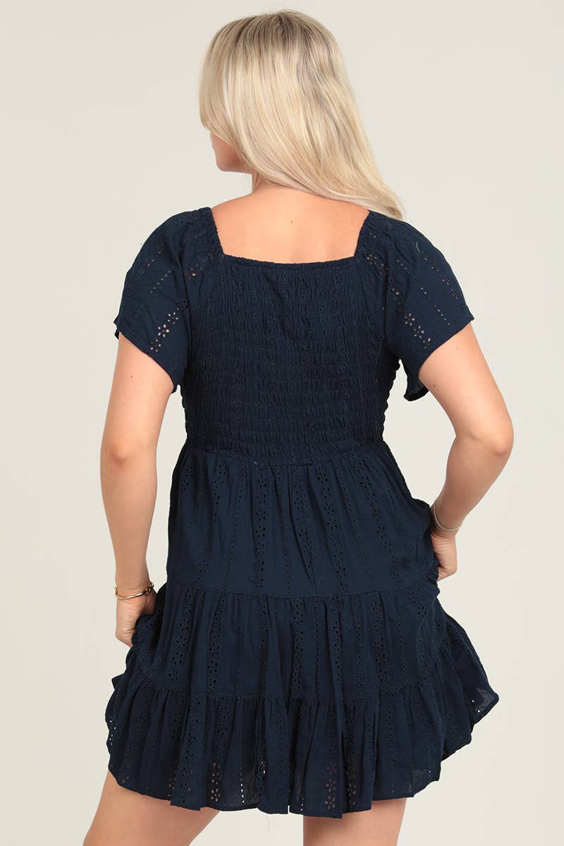 SHORT SLEEVE SMOCKED BODICE DRESS W EMBROIDERY