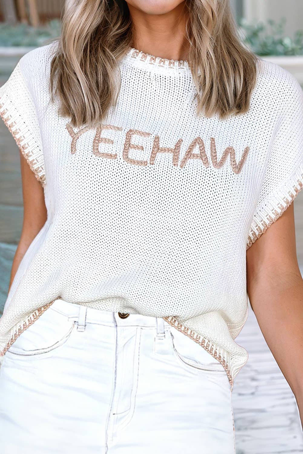 Knitted YEEHAW Stitch Edge Crew Neck Sweater T Shirt