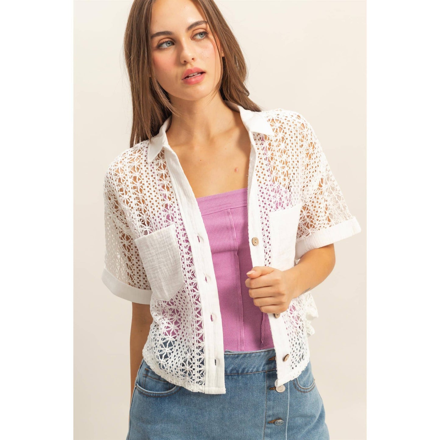 Short Sleeve Crochet Fabric Shirt