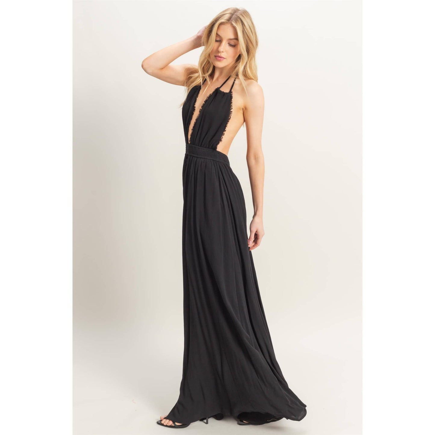 Halterneck Fitted Waist Flowy Maxi Dress