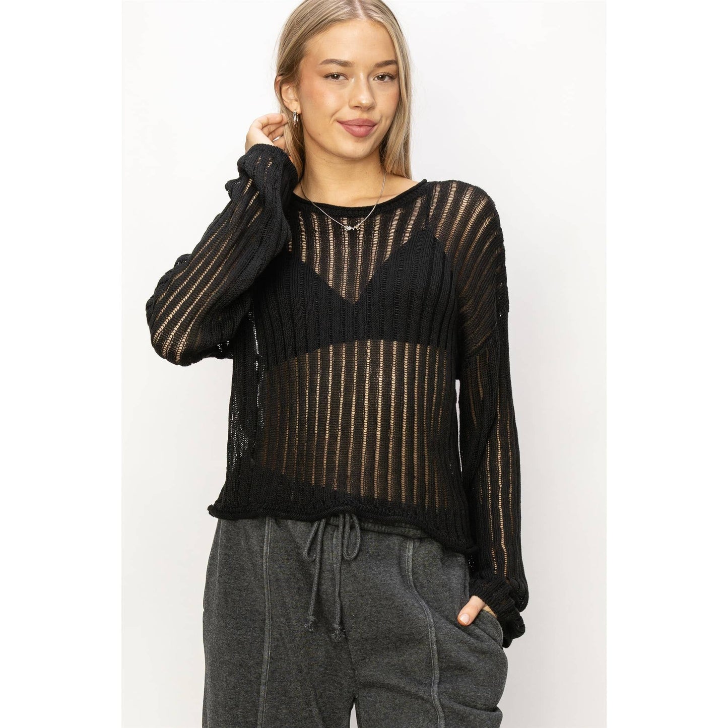 Open Knit Long Sleeve Sweater