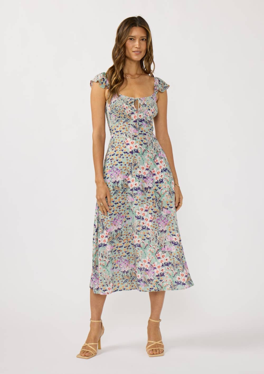 Front Lace Up Smocked Bust Midi Dress