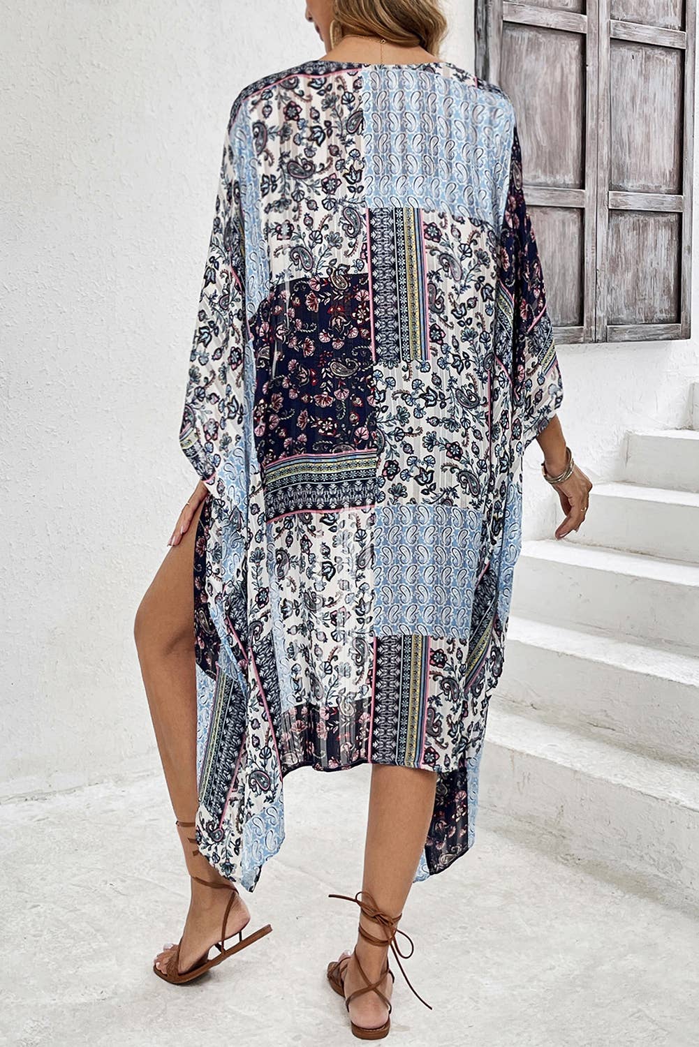Floral Print Short Wide Sleeve Open Front Loose Kimono