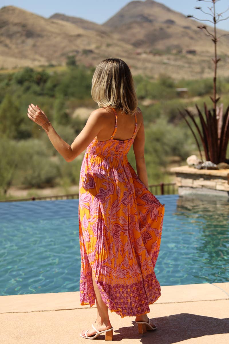 V NECK SMOCKED BUST 2 SLIT MAXI DRESS