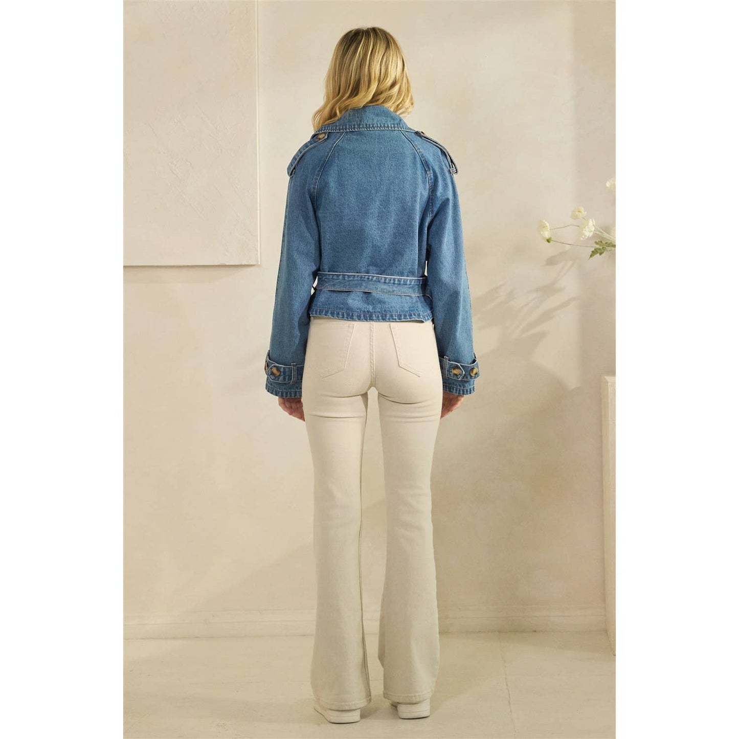 Structured Belted Cropped Denim Jacket