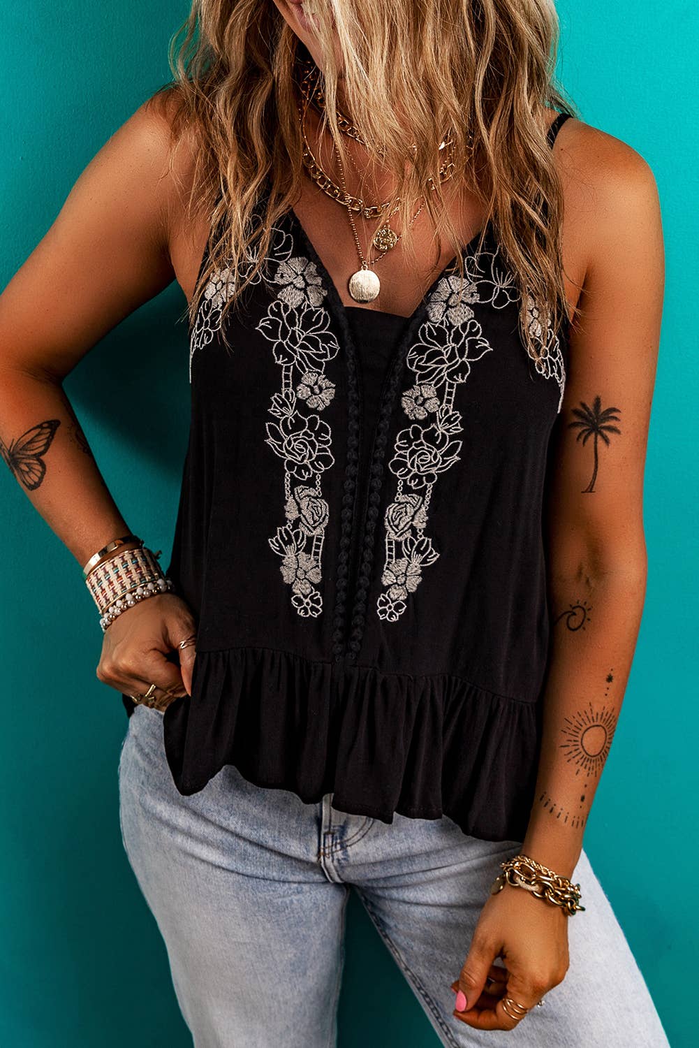 Floral Embroidery Ruffled Spaghetti Strap Tank Top