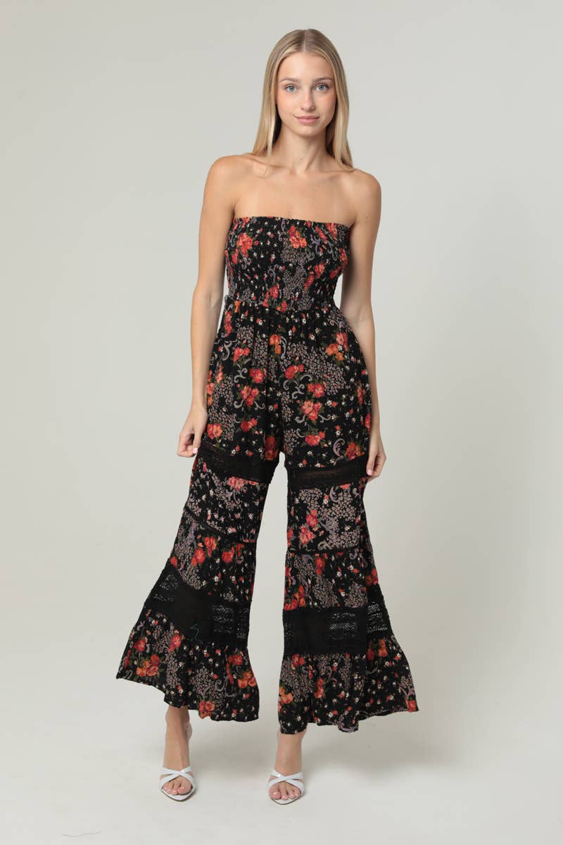 FLORAL PRINT LACE DETAILS WIDE LEG JUMPSUIT
